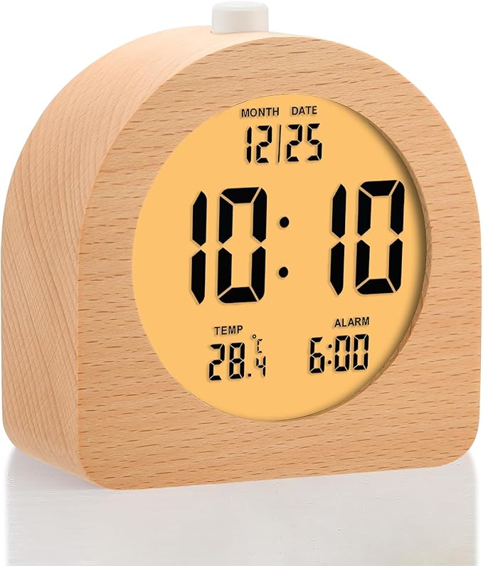 Plumeet Wooden Digital Alarm Clock for Bedrooms, Wood 4'' Battery Powered Alarm Clock with Snooze and Nightlight, Electronic LCD Desk Clock Display Time, Date, Temp, 12/24H, Wood Décor, Round, Brown