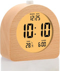 Plumeet Wooden Digital Alarm Clock for Bedrooms, Wood 4'' Battery Powered Alarm Clock with Snooze and Nightlight, Electronic LCD Desk Clock Display Time, Date, Temp, 12/24H, Wood Décor, Round, Brown