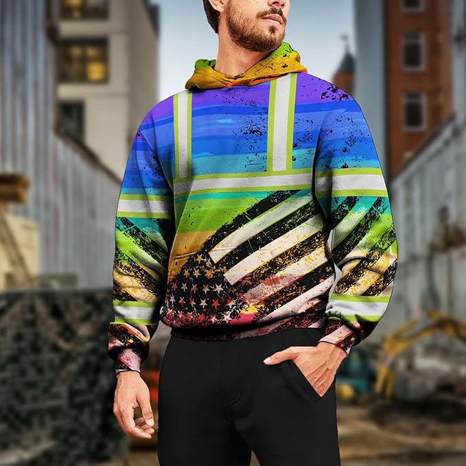 US Flag High Visibility Hoodie for Men Reflective Hoodie Safety Workwear for Worker Runner Patriotic ACC02