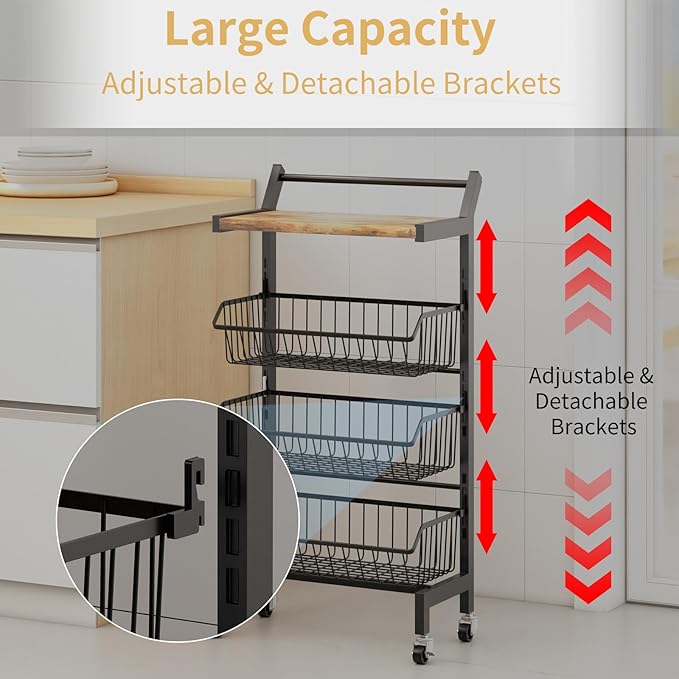 4-Tier Slim Rolling Storage Cart, Narrow Kitchen Cart with Lockable Wheels & Water-Resistant Wooden Tabletop, Small Space Utility Cart for Kitchen/Bathroom/Living Room/Laundry Room