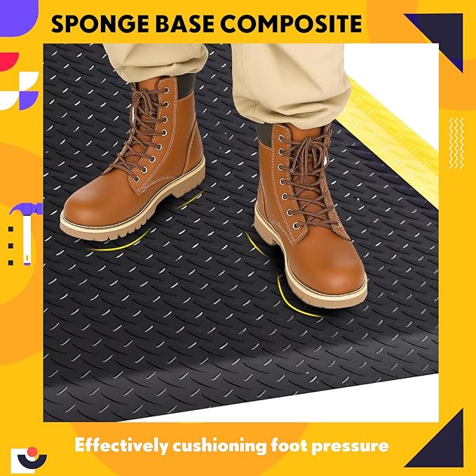 3'x12' Anti-Fatigue Mat ESD Conductive Pad with Ground Wire, Ergonomic Standing Floor Mat Heavy-Duty Diamond Plate Surface for Commercial&Industrial Work, Thick 3/4” Black with Yellow Border