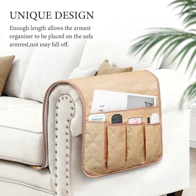 Armchair Caddy Couch Caddy Organizer Remote Control Holder Non-Slip Sofa Armrest Organizer Bedside Caddy with 5 Pockets for Cell Phone TV Remote Control Magazines (Light Khaki)