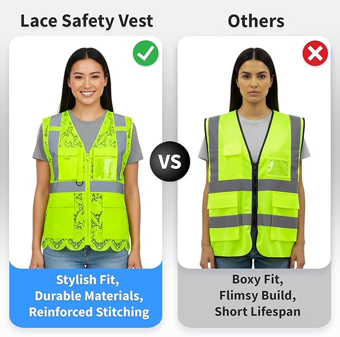 Lace-Mesh Safety Vest for Women & Men - Breathable, High Visibility Vest with Zipper & ANSI Class 2 Reflective Strips