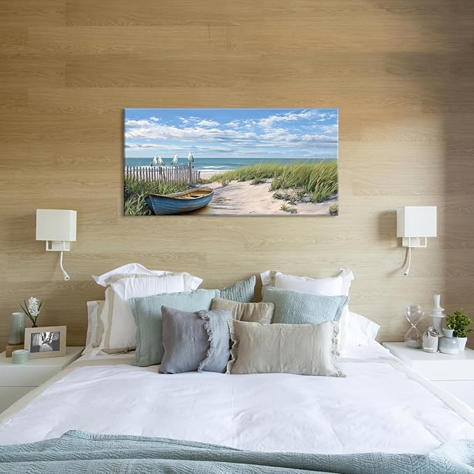 Coastal Blue Seascape Beach Sail Boat Wall Art for Living Room Office Scenic Landscape Art Deco Green Painting Prints Nature Summer Canvas Artwork Over The Couch Bedroom Decor