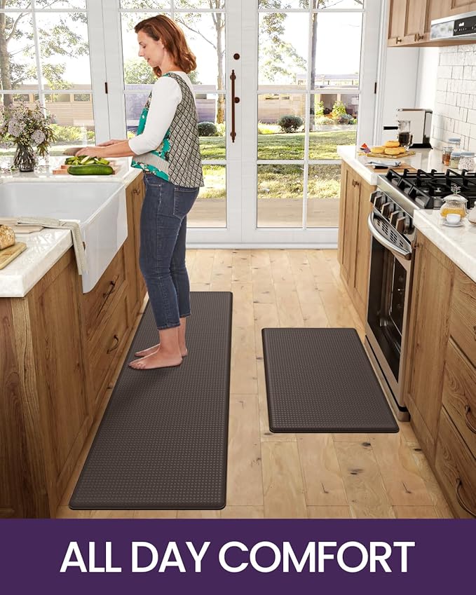 DEXI Kitchen Floor Mats Cushioned Anti Fatigue,17x29+17x59, Standing Runner Rug Waterproof, Comfort Memory Foam Padded for Front Sink Laundry Set of 2, Brown
