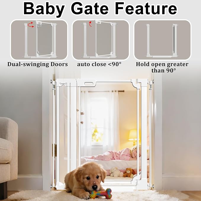 WAOWAO 40" Extra Tall Clear Acrylic Baby Gate for Dogs and Kids with Double Lock, 29.5"-37.37" Width, Safety Auto Close Pet Gate for Babies and Pets, Fits Doorways, Kitchen, and Entryways, White