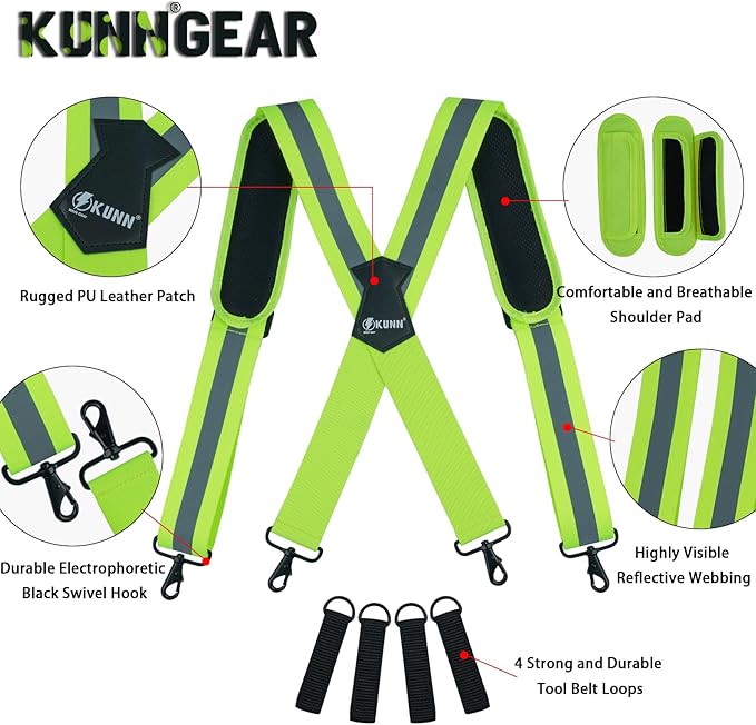 KUNN Hi-Vis Tool Belt Suspenders Heavy Duty Reflective Safety Work Suspender with Removed Padded Shoulder,4Pcs Tool Belt Loops