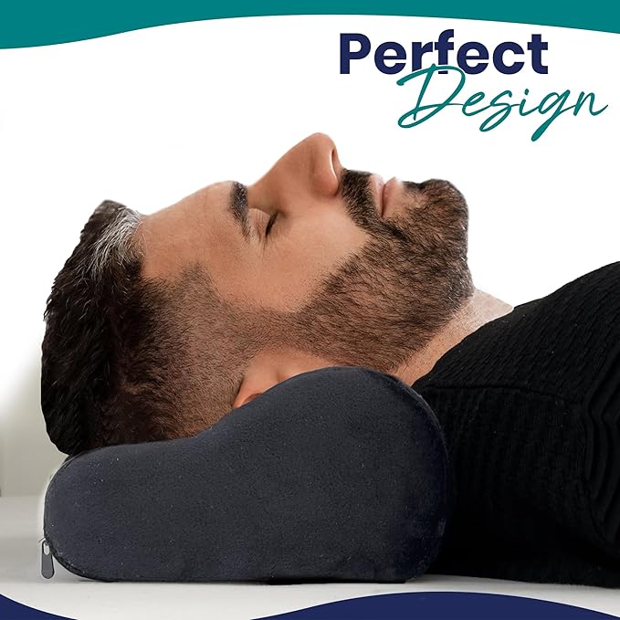 Memory Foam Headrest Pillow for Recliner – B-Shaped Neck Pillow with Stabilizer Strap, Non-Slip Backing, Soft Plush Fabric - Ultimate Neck Support and Pain Relief (Jet Black)