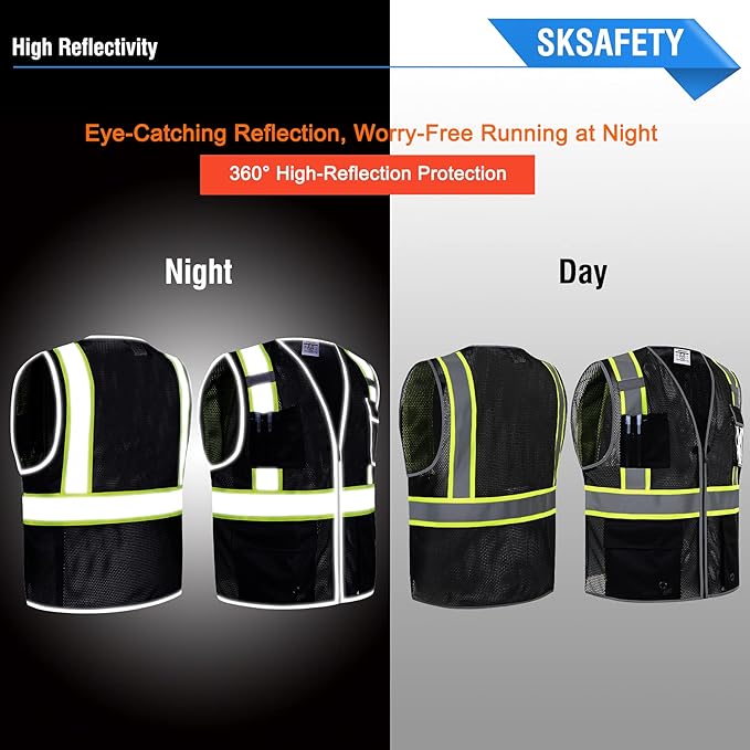 SKSAFETY 10 Pockets Safety Vest, Class 2 High Visibility Security with Zipper Double-sided mesh, Hi Vis Vest with Reflective Strips, ANSI/ISEA Standard, Construction Work Vest （Black, 4XL）