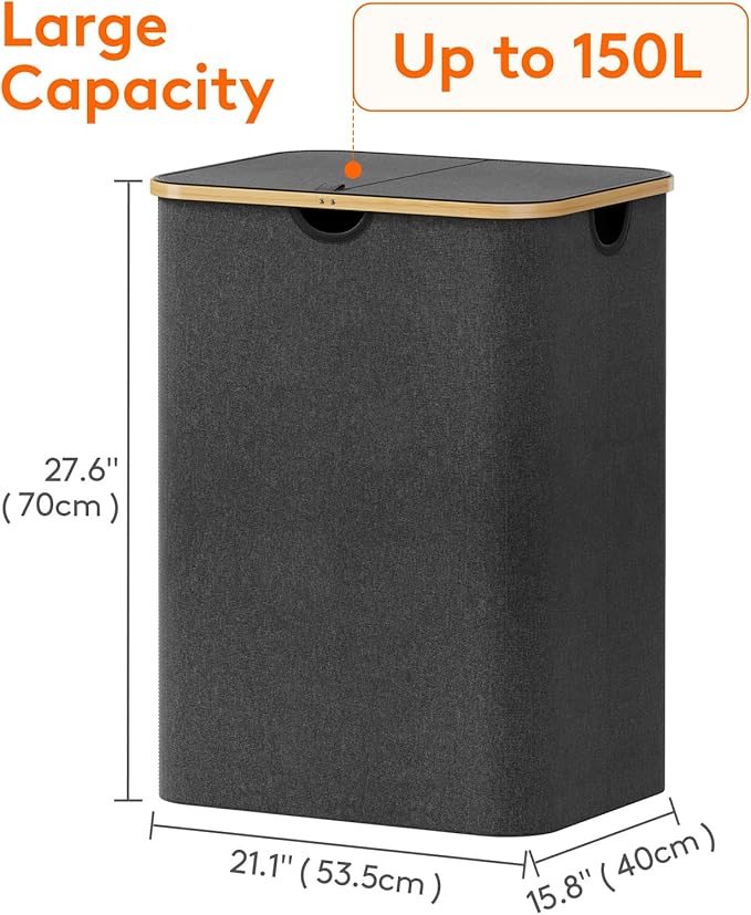 Lifewit 150L Laundry Basket with Lid, Clothes Hampers with Bamboo Handles and A Removable Laundry Bag, Large Foldable Hamper for Bedroom, Bathroom, Dorm, LaundryRoom, Dark Gray