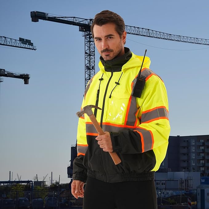 Hi Vis Safety jacket for men,Reflective high Visibility Hooded jacket,Work Bomber Jacket with Pockets and Zipper,Waterproof,ANSI Class 3 Black Bottom Yellow,Small
