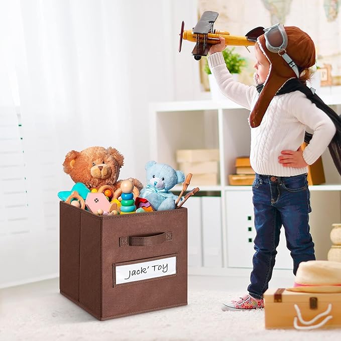 artsdi Fabric storage cubes (Set of 8) 11 Inch Cube Storage Bin, Cube storage with 8 Labels Window Cards & a Pen, Foldable cube Organizer bins,11x11 Storage bin, Cubby Organizer Boxes, Brown