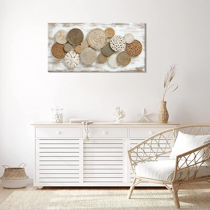 Brown Rattan Plates Canvas Wall Art for Living Room Painting Prints Beautiful Geometric Radial Geometry White Modern Artwork Office Bedroom Girls Decor Large