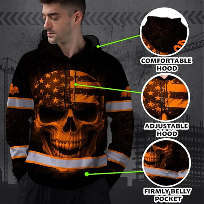 Matedecor Skull US Flag Reflective High Visibility Hoodie For Men Construction Hi Vis Safety Workwear Custom Name
