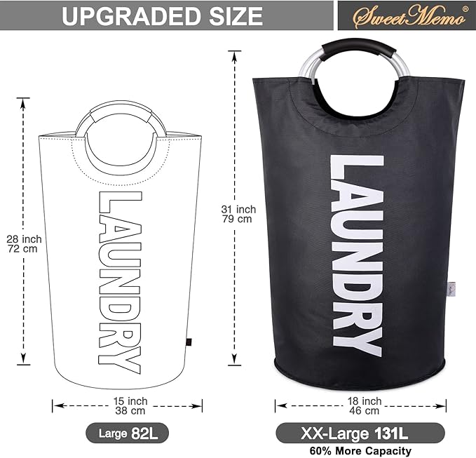 Laundry Basket Extra Large Collapsible Clothes Hamper Bag with Handles – Foldable Freestanding Laundry Sorter for Dirty Clothes in College Dorm, Apartment, or Laundry Room – 131L (Black)