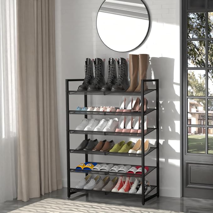 Shoe Rack, 6-Tier Metal Shoe Organizer, Tall Shoe Rack for Closet,entryway,Garage, with Adjustable Flat or Angled Shelves, Holds 18-24 Pairs,Shoes That can accommodate The Whole Family.