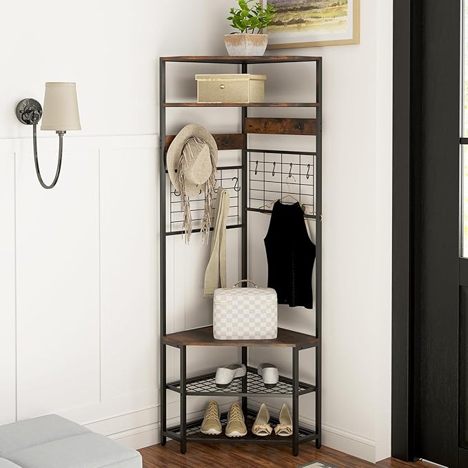 Giantex Corner Hall Tree, 73" Tall Coat Rack w/Shoe Storage Bench, 12 Metal Hooks, 5-Tier Entryway Shoes Shelf Organizer, Freestanding Clothes Rack for Living Room, Bedroom (Rustic Brown & Black)
