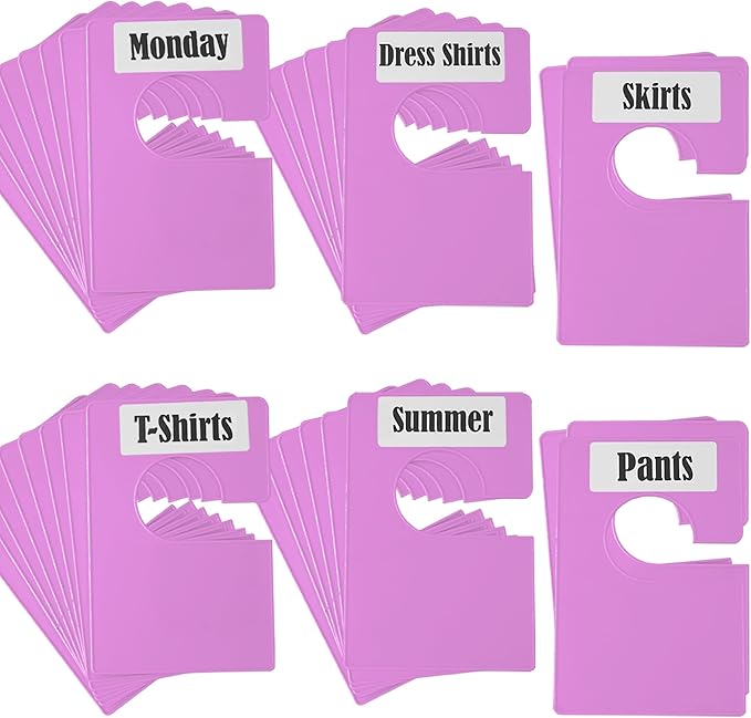 32 Pack White Clothing Rack Size Dividers Plus 75 Labels (1 Inch) and 30 Large Blank Labels, Large Rectangular Clothing Closet Dividers (Purple)