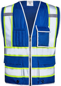 SKSAFETY 10 Pockets Safety Vest, Class 2 High Visibility Security with Zipper, Hi Vis Vest with Reflective Strips, ANSI/ISEA Standard, Construction Work Vest for Men ＆ Women （Blue, 2XL）