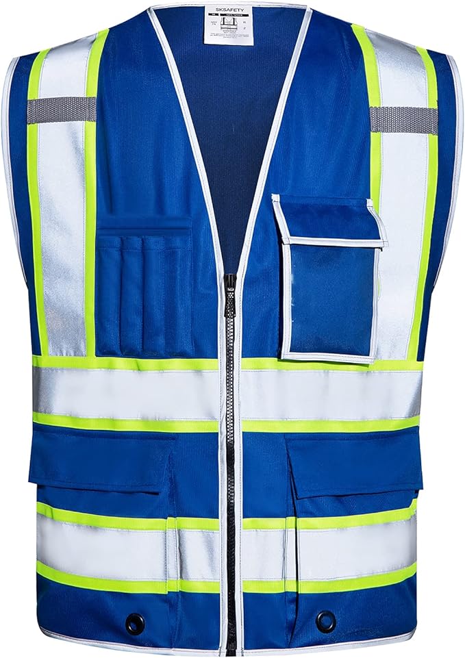 SKSAFETY 10 Pockets Safety Vest, Class 2 High Visibility Security with Zipper, Hi Vis Vest with Reflective Strips, ANSI/ISEA Standard, Construction Work Vest for Men ＆ Women （Blue, 2XL）