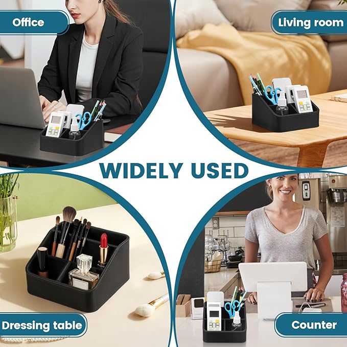 PU Remote Control Holder, Small Desk Organizer Office Supply Bedside Caddy for Nightstand End Table Remote Organizer with 3/4 Compartment (Black)(4 grids)