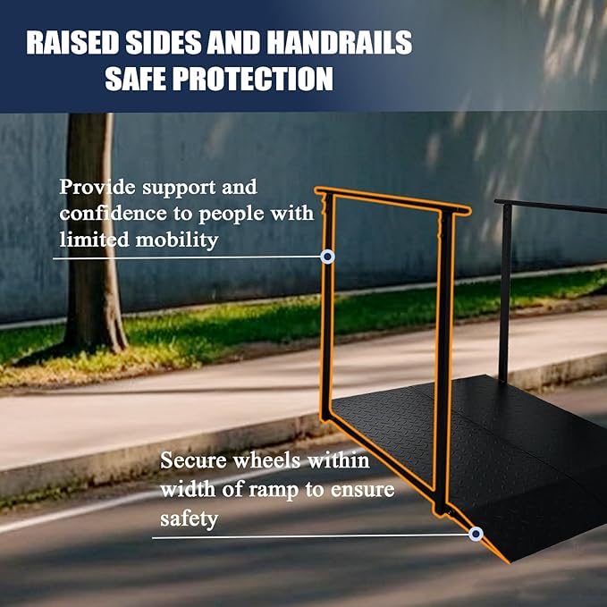 4FT Wheelchair Ramp with Handrails, Non-Slip Iron Handicap Ramps for Steps, Threshold Ramp for Home Entry Stairs Curbs, Heavy Duty Ramp 1000 Lbs Capacity