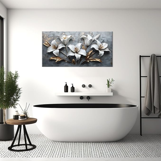 White Flowers Wall Art for Living Room Canvas Painting Prints Beautiful Floral Gold Leaves Gray Modern Artwork Office Bedroom Girls Decor Large