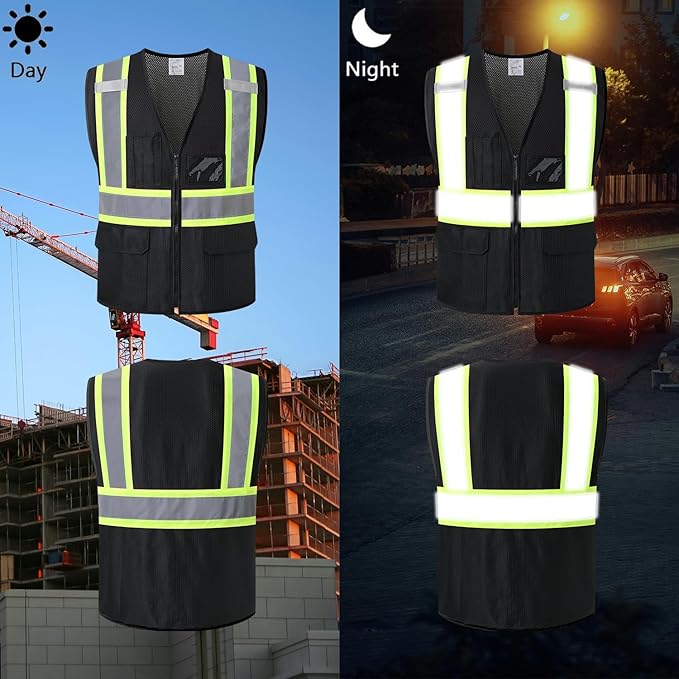 Reflective Safety Vest for Men Women Hi Vis Vest with Pockets High Visibility Vest Mesh Construction Vests Meets ANSI/ISEA Standards (Black-33, X-Large)