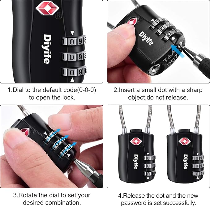 TSA Luggage Locks,[3 Pack] Diyife TSA Approved Cable Luggage Locks,Suitcase Padlocks,Luggage Locks, 3 Digit Resettable Combination Locks with Alloy Body for Travel,Bags,Suitcase