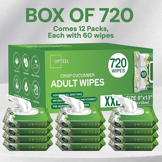 Adult Wipes Extra Large Scented - Skin-Friendly Incontinence Wet Wipes for Adults & Elderly Disposable Washcloths - 8x13" 12 Packs of 60 (720 Wipes)