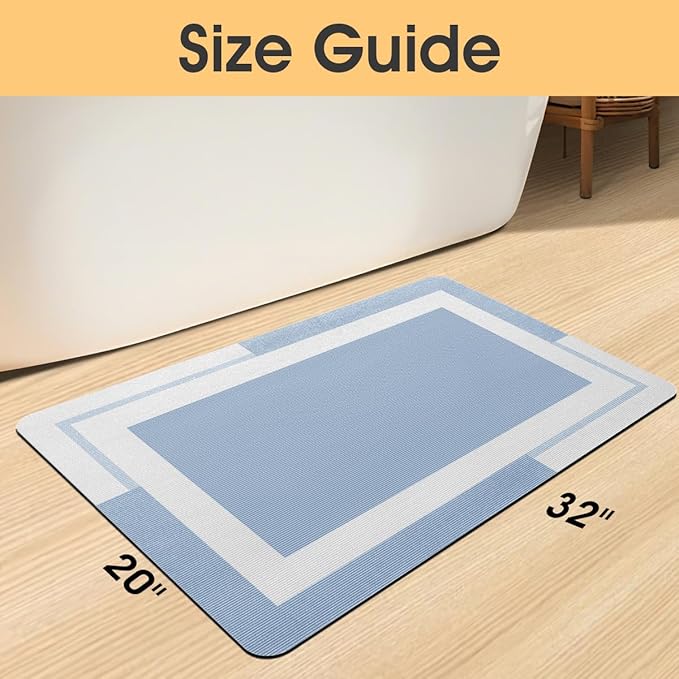 Ultra Thin Bath Mat, Upgrade Backing Non Slip Thin Bath Mats Fit Under Door, Quick Dry Ultra Absorbent Bathroom Rugs, Machine Washable Bath Rugs for Bathroom, Bathtub & Kitchen, Blue/Bordered/32"x20"