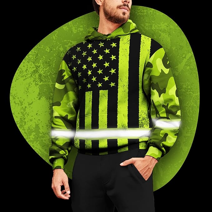 US Flag High Visibility Hoodie for Men Reflective Hoodie Safety Workwear for Worker Runner Patriotic ACC02