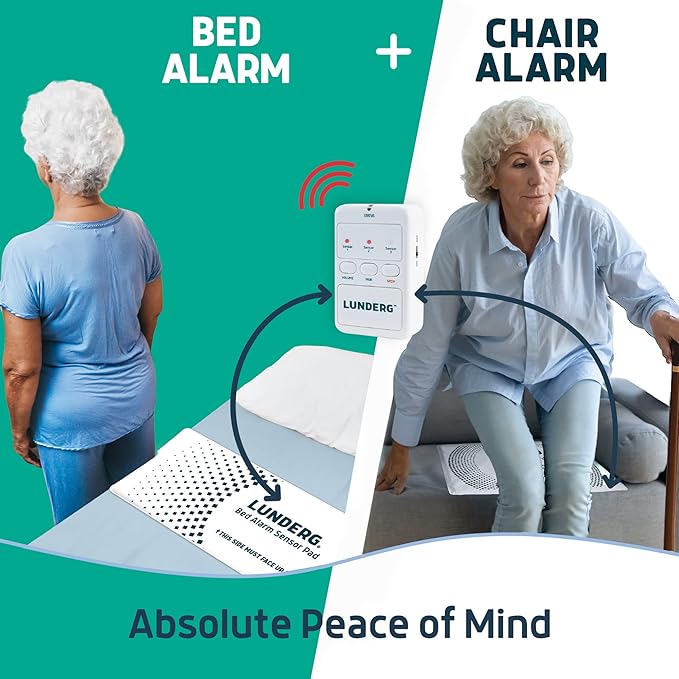 Lunderg Bed Alarm for Elderly Adults & Chair Alarm Set - Wireless Bed Sensor Pad (10” x 30”), Chair Sensor Pad & Pager - Alarms and Fall Prevention for Seniors & Dementia Patients - Full Caregiver Set