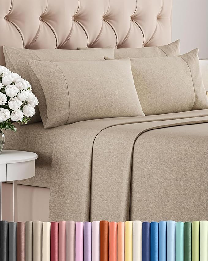 Queen 6 Piece Sheet Set - Cooling & Breathable Bed Sheets - Hotel Luxury Bed Sheets for Women, Men, Kids & Teens - Deep Pocket Bedding w/Easy Fit - Soft & Wrinkle Free - Queen Heathered Beige Sheets