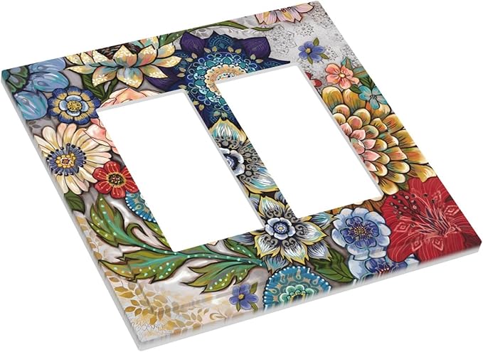 Boho Floral Colorful Floral Multi Color Flower Decorative Outlet Covers 2 Gang Double GFCI Rocker Electrical Wall Panels Light Switch Cover Plate for Bedroom Living Room Home Decor