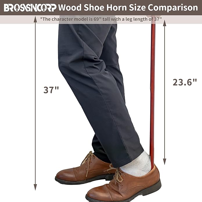 Wooden Shoe Horn Long Handle For Seniors 23.6" Easy Wear Helper Shoehorns Women Kids Baby Elderly Hanging Rings