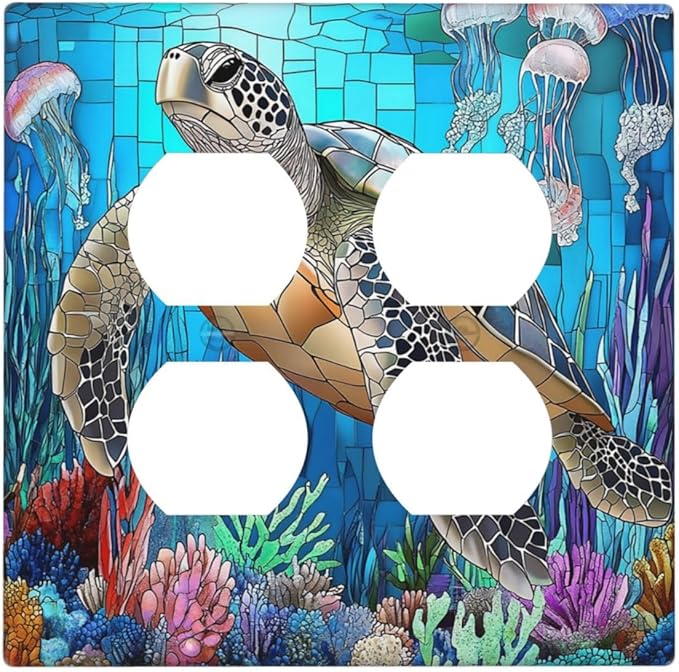Outlet Covers Nautical Sea Turtle Coral Jellyfish 2 Gang Double Duplex Decorative Light Switch Covers Electrical Wallplates Socket Faceplate For Kids Room Nursery Decor