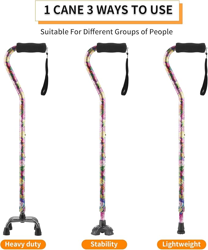 Walking Cane for Women & Men, Adjustable Quad Cane with 4-Prong Base for Stability and Balance, Folding Aluminum Walking Stick for Seniors