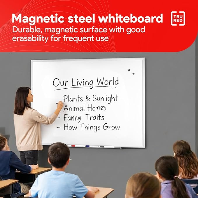 TRU RED Steel Magnetic Whiteboard | Dry Erase Board for Wall, White Board with Satin Frame, 4 ft x 3 ft, 4 Multicolor Markers Included