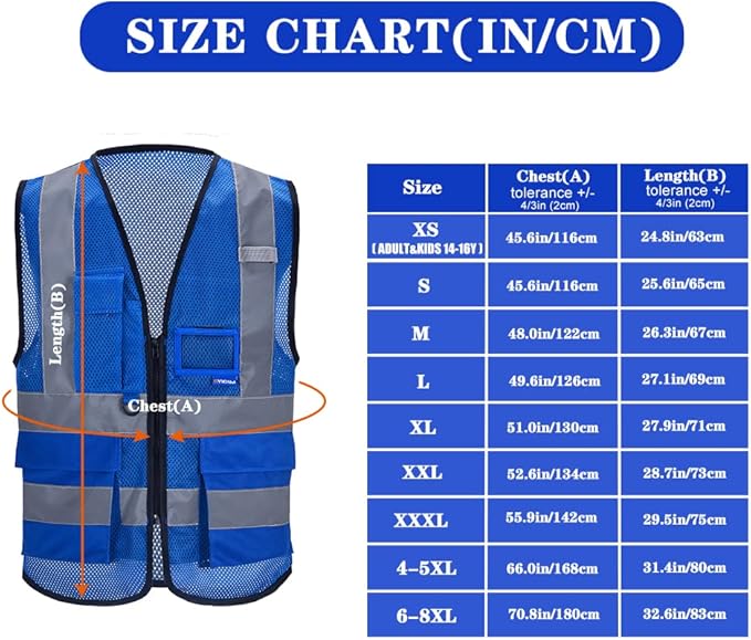 A-SAFETY High Visibility Mesh Safety Reflective Vest with Pockets and Zipper,Hi Viz Work Vest for Men Women (Blue Mesh 4XL-5XL)