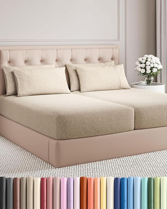 Split King 7 Piece Sheet Set - Cooling & Breathable Bed Sheets - Hotel Luxury Bed Sheets for Women, Men, Kids & Teens - Deep Pocket & Easy Fit - Soft & Wrinkle Free - Split King Heathered Beige Sheets