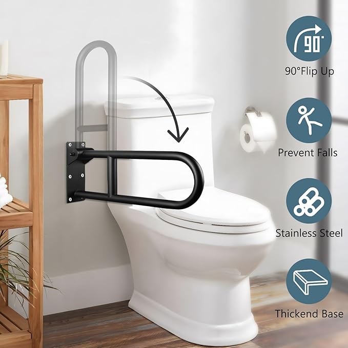 29.5 INCH Stainless Toilet Safety Rails, Matte Black Handicap Grab Bars for Elderly, Disabled Flip-Up Bathroom Grab Bar, Toilet Handrails Hand Grips Handle Shower Assist Aid Black