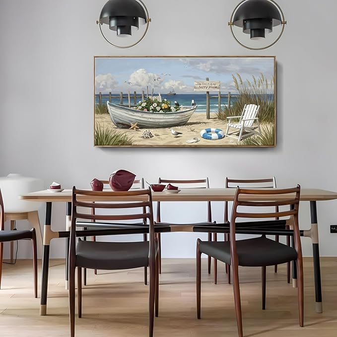 amatop Coastal Farmhouse Wall Art – Large Framed Modern Beach & Ocean Landscape Canvas Print, Nautical Elements for Living Room, Bedroom & Office Decor (58×29 Inch)