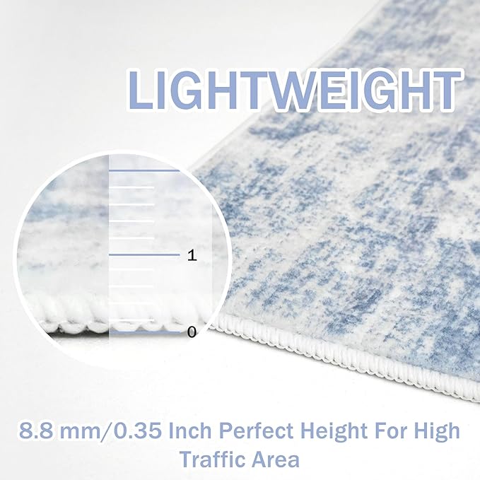 IOHOUZE Abstract Runner Rug 3x12 Ft Washable Runners for Hallways, Non Slip Kitchen Runner Printed Faux Wool Entryway Runner Indoor, Modern Abstract Floor Carpet for Hall Kitchen, Light Blue White