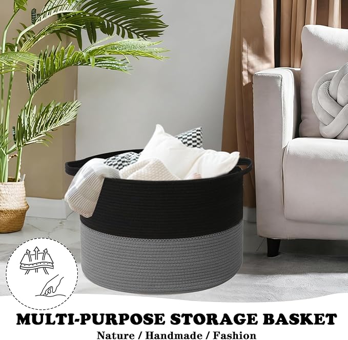 Large Storage Basket with Handle,19.7"x 19.7"x 13" Blanket Basket Storage Bins for Organizing,65L Cotton Rope Woven Baskets for Living Room, Nursery ,Bedroom,Black&Dark Grey