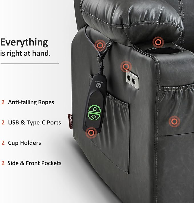 MCombo Power Lift Recliner Chair for Elderly, Lift Chair with Heat and Massage, FSC Certified, USB Ports, Cup Holders, Faux Leather 7141 (Grey, Small)
