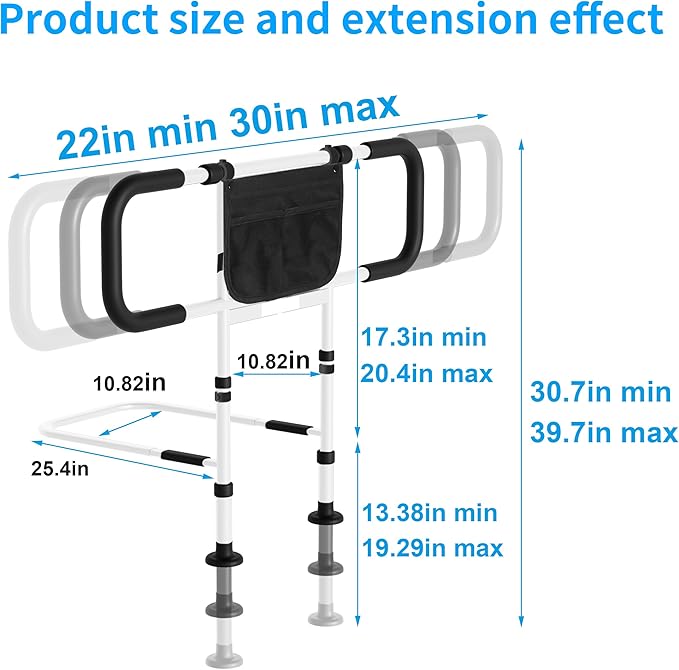 Bed Rails for Elderly Adults Safety - Adjustable Bed Side Rails with Support Leg, Bed Cane with Storage Bag and Motion Sensor Light, Fits Queen, King, Twin, Full, Supports up to 400lbs