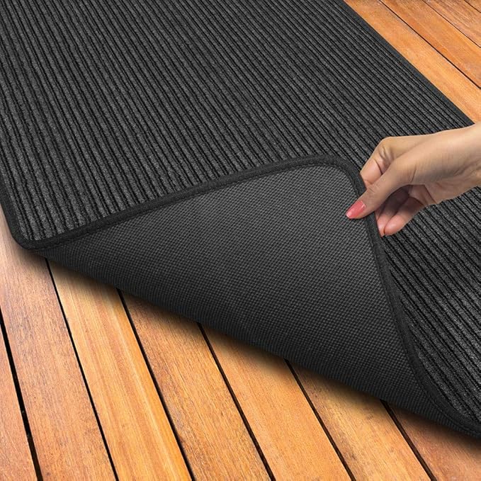 House, Home and More Indoor Outdoor Double-Ribbed Carpet Runner with Skid-Resistant Rubber Backing - Smokey Black - 4 Feet x 10 Feet