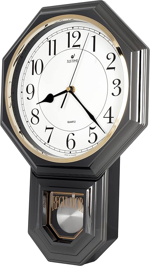 JUSTIME Traditional Schoolhouse Easy to Read Regulator Wall Clock, Chiming Wall Clocks with Pendulum & Westminster Chime Hourly, Schoolhouse Wall Decor Battery Operated (Gun Metal)