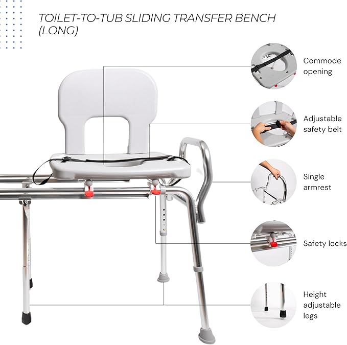 Eagle Health Supplies Toilet-to-Tub Transfer Bench with Cut Out Seat, FSA/HSA Eligible Sliding Shower Chair for Elderly and Disabled, Height Adjustable Shower Seats for Adults Inside Shower, 77963